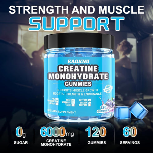 Creatine Monohydrate Gummies, 5000mg for Men & Women, 120 CT Chewable, Sugar Free, Vegan, Blueberry Flavor