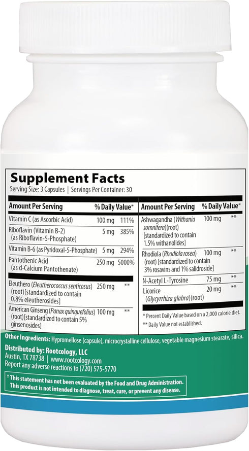 Adrenal Support - Rootcology Adaptogenic Herbal Formula with Vitamin B6, Licorice & N-Acetyl-L-Tyrosine (90 capsules)