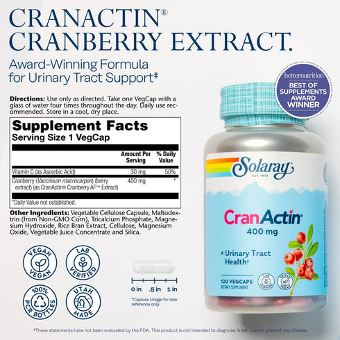 SOLARAY CranActin Cranberry Extract 400 mg, 120 Serv, 120 VegCaps - Bladder Health Support