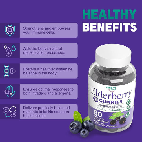 Elderberry Gummies with Vitamin C and Zinc, Immune Booster for Adults and Kids, Vegan Natural Ingredients, 120 Gummies