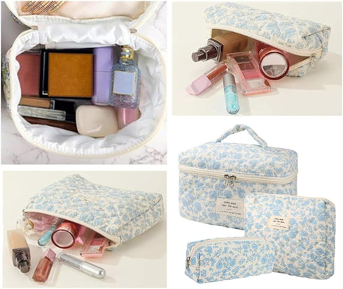 3 Pcs Cotton Quilted Makeup Bag Set,Floral Makeup Bag,Cute Makeup Bag,Travel Makeup Bag,Large Toiletry Cosmetic Bag Makeup Bag Organizer for Women Girls (A)