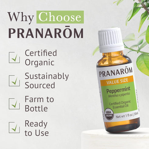 Pranarom USDA Organic Peppermint Essential Oil (30ml), 100% Pure for Aromatherapy, Diffuser & Massage
