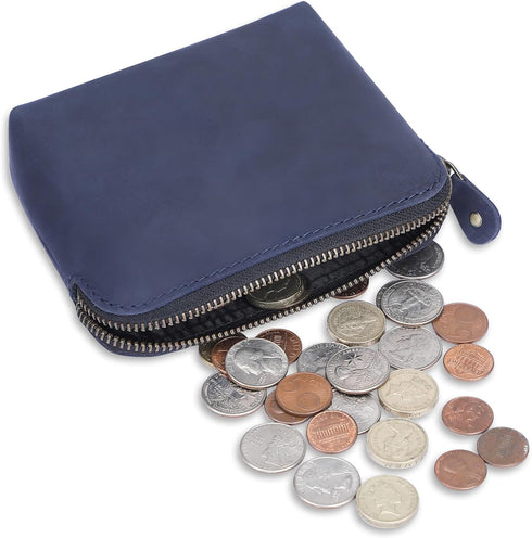 Leather Cosmetic Case, Zipper Coin Pouch, Makeup Bag with Zipper Closure in Blue