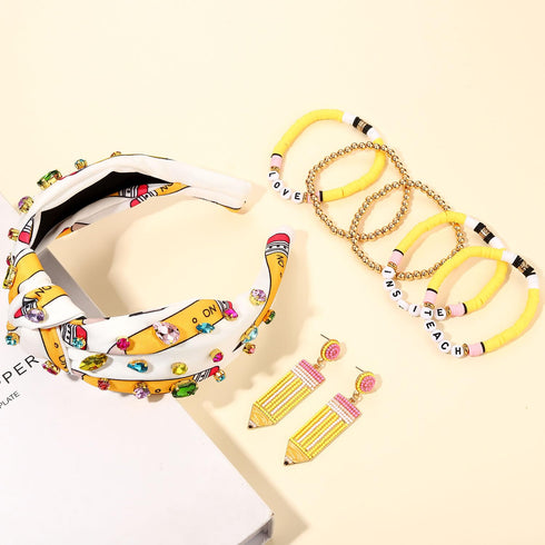 Teacher Accessories for Women, Headbands, Pencil Headbands, Hair Claw Clips, Earrings, Heishi Bracelets for Back to