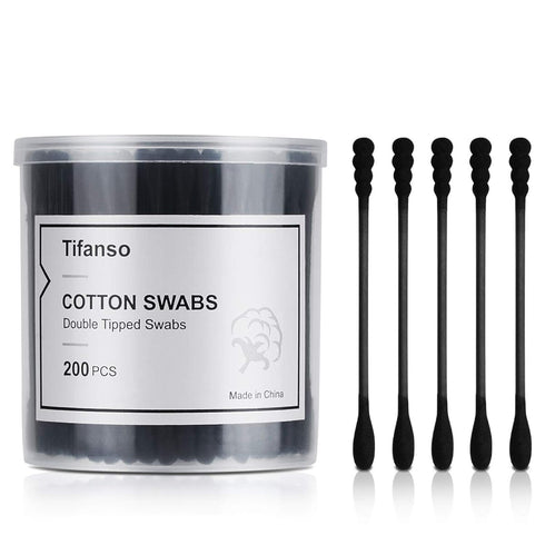 tifanso 200 Count Black Cotton Swabs, Natural Double Tipped Cotton Buds, Cruelty-Free Hypoallergenic