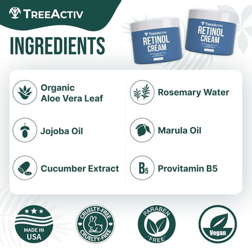 TreeActiv Retinol Cream, 2 oz, Gentle Moisturizer with Hyaluronic Acid, Anti Aging Spot Wrinkle Cream for Women and Men