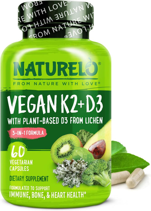 NATURELO Vitamin D3 K2 - Vegan Supplement for Immune System, Bone Support, 60 Capsules, Non-GMO