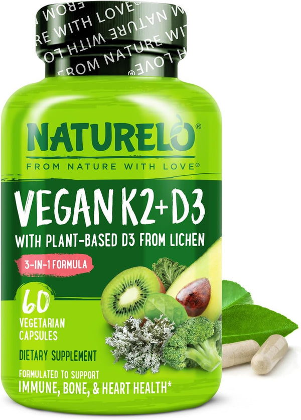 NATURELO Vitamin D3 K2 - Vegan Supplement for Immune System, Bone Support, 60 Capsules, Non-GMO
