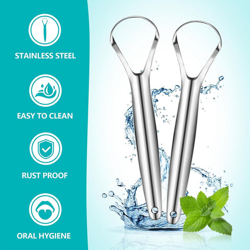 2 Pack Metal Tongue Scraper for Adults, Stainless Steel Cleaner with Travel Case, Reusable for Oral Care