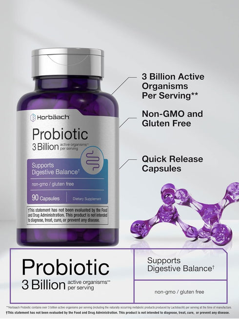 Horbaach Probiotic for Women & Men's Digestive Health | 3 Billion CFU | 90 Capsules | Non-GMO & Gluten Free