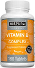 Vitamin B-Complex, 180 Vegan Tablets, All B Vitamins Including B12, for Stress, Energy, and Healthy Immune System