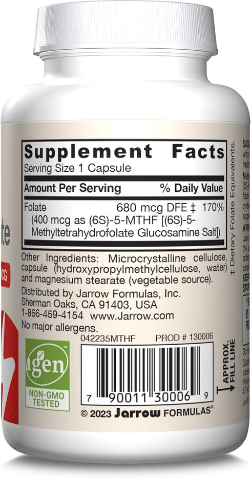 Jarrow Formulas Extra Strength Methyl Folate 400 mcg, 60 Veggie Capsules for Cardiovascular Health