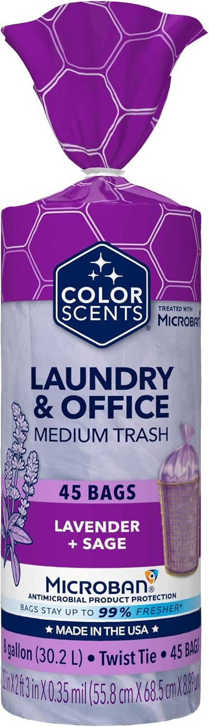 Color Scents Medium Trash Bags, 8 Gallon, 45 Bags, Twist Tie, Purple in Lavender + Sage Scent with Microban