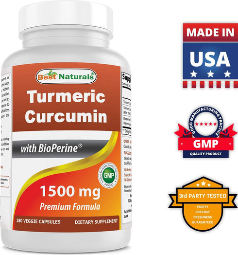 Best Naturals Turmeric Curcumin 1500mg/Serving with Bioperine - 180 Veggie Capsules
