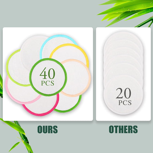 XSEINO Reusable Makeup Remover Pads, 40 Pack Washable Natural Bamboo Fiber Material for All Skin Types