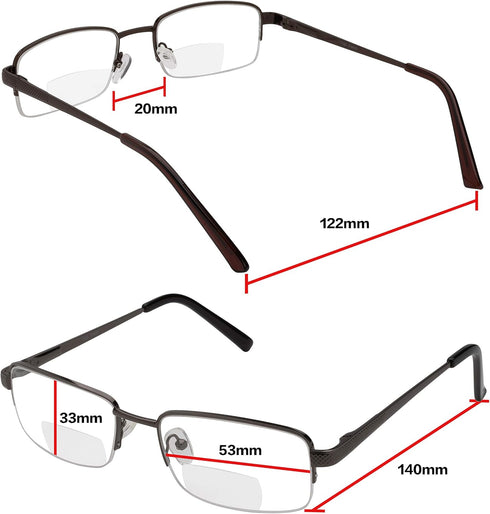 Yogo Vision Set of 2 Bifocal Half Rim Reading Glasses for Men and Women, Quality Spring Hinge, +4
