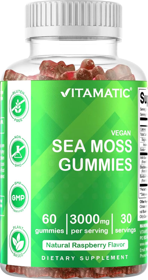 Vitamatic Irish Sea Moss Gummies - 3000 mg, 60 Vegan Gummies for Thyroid, Energy, Immune Support - Pack of 3