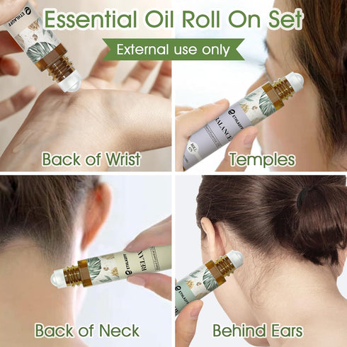 Essential Oils Roll On Set 6 Pack - Relax, Sleep, Balance, Breathe, Focus, Happiness - Aromatherapy Oil Blends.