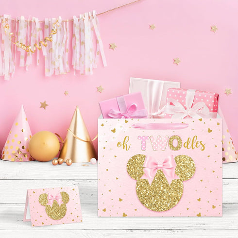 Reyoust 13" 2nd 13"L 10.2"H 4.9"W Large Oh Twodles Birthday Gift Bag with Tissue Paper and Greeting Card Glitter Pink