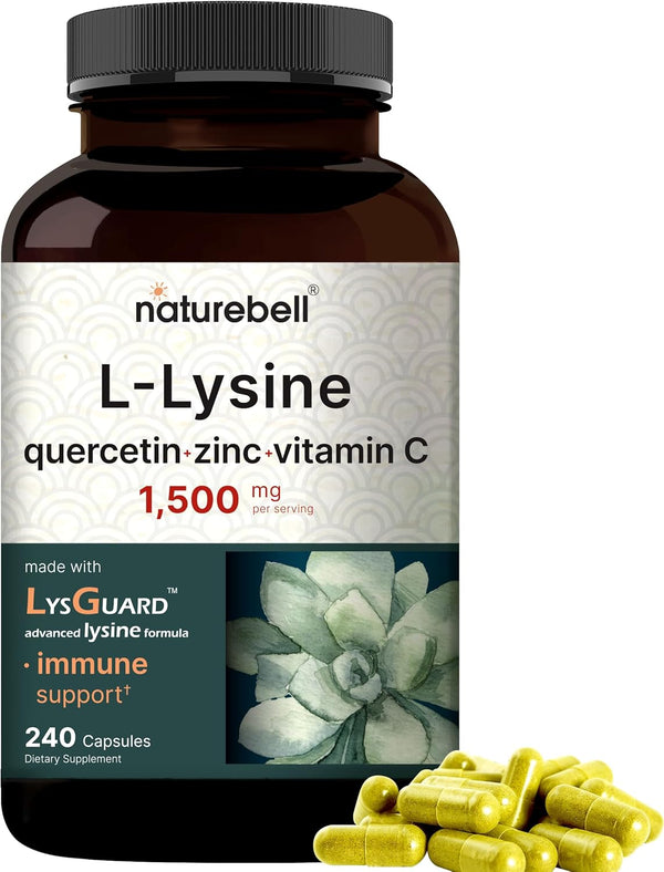 NatureBell L-Lysine 1,000mg Capsules + Quercetin 250mg with Vitamin C and Zinc - 240 Count, Immune Support
