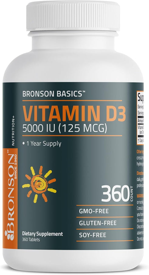 Bronson Vitamin D3 5,000 IU (125 MCG), 360 Tablets, 1 Year Supply for Healthy Muscle Function and Immune Support