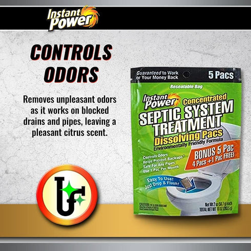Instant Power Concentrated Septic System Treatment - Dissolving Pacs, Controls Odors, Safe on Pipes, 5 Pacs