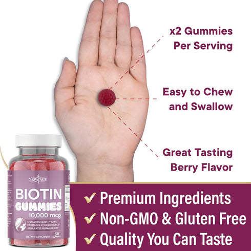 NEW AGE Biotin Gummies for Hair, Skin & Nails, 10,000 mcg, Non-GMO Supplement for Women and Men, 120 Count