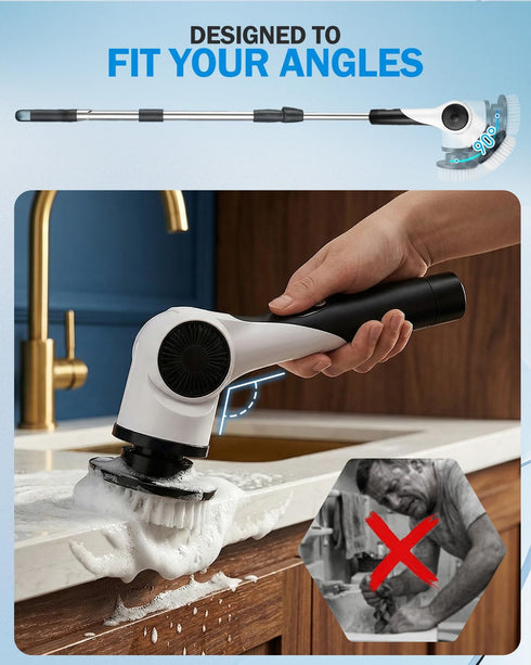 Maraiss 3-Speed 10 90 IPX7 Electric Spin Scrubber, Shower Scrubber with Long Handle & Replaceable Brush Heads, Cordless