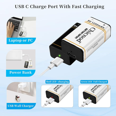 9V Batteries 2 Pack - 9V Rechargeable Lithium Ion Battery 1200mAh for Microphone or Smoke Detector