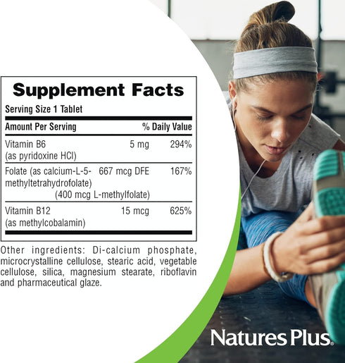 Natures Plus Folic Acid Hearts (Methylfolate) 400 mcg, 90 Vegetarian Tablets, with Vitamin B6 & B12, Gluten-Free