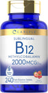 Carlyle Vitamin B-12, 2000mcg, 240 Fast Dissolve Tablets, Methylcobalamin, Natural Berry Flavor, Vegetarian, Non-GMO &