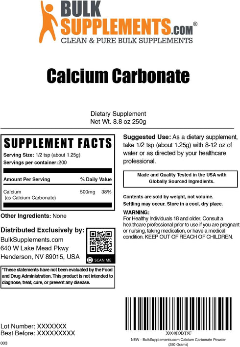 BulkSupplements.com Calcium Carbonate Powder, Food Grade, High Absorption, Gluten Free, 250g (8.8 oz)