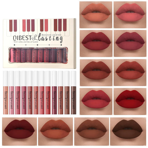 12Pcs Makeup Matte Lipstick Lip Kit, Non-Stick Cup Not Fade Velvety Liquid Lipstick Waterproof Long Lasting Durable Nude Lip Gloss Beauty Cosmetics Gift Box Makeup Set Kit (Vibrant Lip Collection)