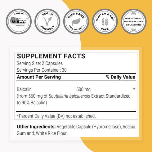 SuperSmart 90% Baicalin 500mg per Day Supplement, Chinese Skullcap Extract, Non-GMO & Gluten Free, 60 Vegetarian