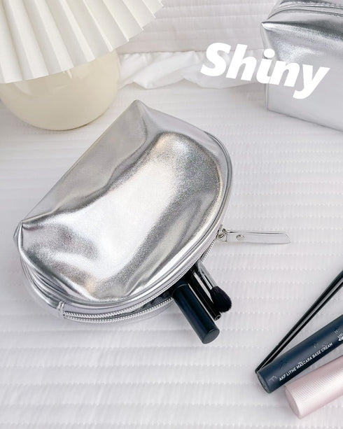 Small Makeup Bag, Cosmetic Bags for Women, Silver Leather Makeup Pouch