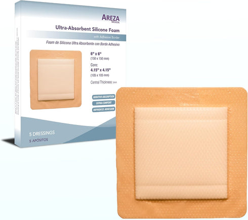 Areza Medical Silicone Foam Wound Dressing - Super-Absorbent Layer, Waterproof, Sterile - 6" x 6", 5 PCS