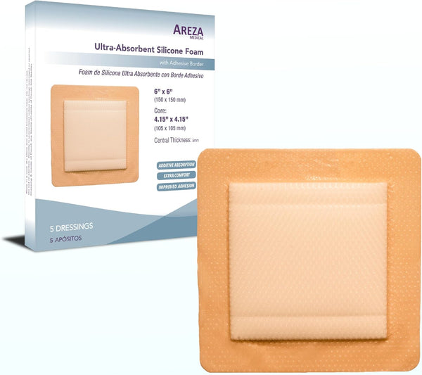 Areza Medical Silicone Foam Wound Dressing - Super-Absorbent Layer, Waterproof, Sterile - 6" x 6", 5 PCS