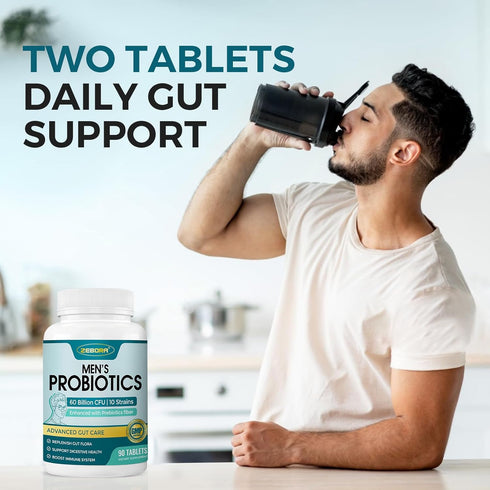 ZEBORA Probiotics for Men - 90 Tablets, 60 Billion CFUs for Immune and Gut Health, 10 Strains, Hypoallergenic, Gluten &