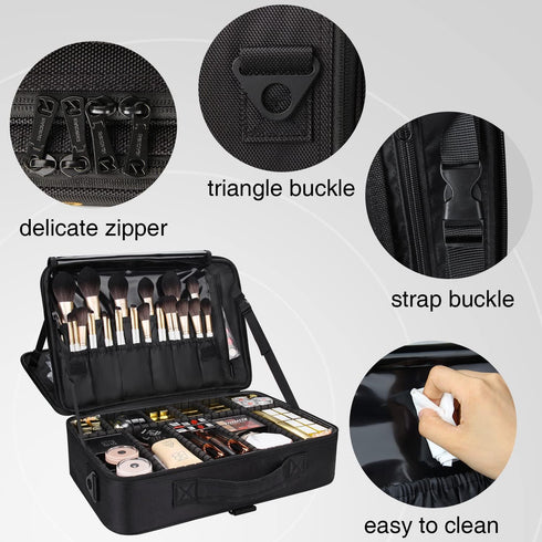 MONSTINA 3 Layers Large Capacity Makeup Case, 16.5'' Cosmetic Organizer Brush Bag for Makeup Artists