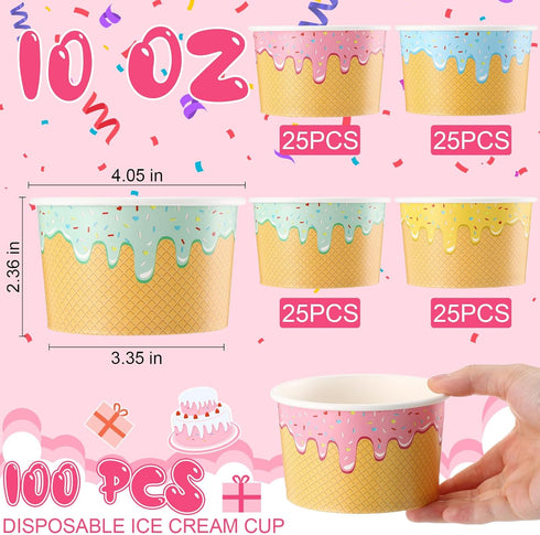Ninehaoou 100 Summer (10 oz) Pcs Ice Cream Cups Bulk Paper Disposable Dessert Bowls Ice Cream Bowls Paper Dessert Cups