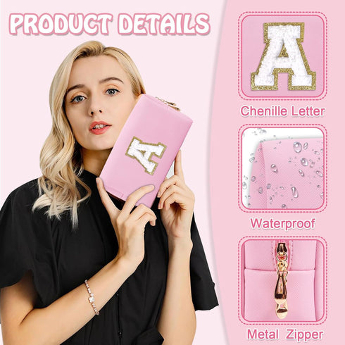 Personalized Initial Preppy Patch Makeup Bag, Small Pink Cosmetic Pouch with Zipper for Women, Monogram Waterproof