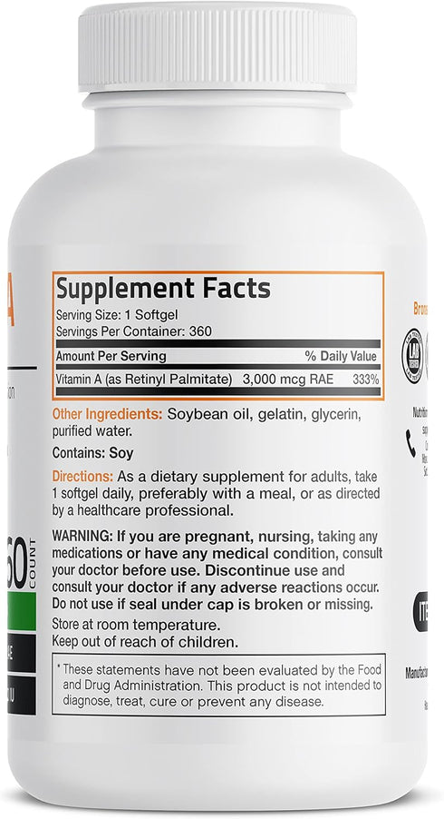 Bronson Vitamin A 10,000 IU Premium Non-GMO Formula Supports Healthy Vision & Immune System and Healthy Growth & Reproduction, 360 Softgels