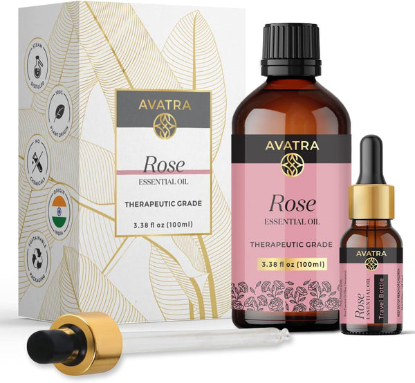 Avatra Rose Essential Oil | Pure & Natural for Diffuser, Skin, Hair & Aromatherapy, 3.38 Fl Oz
