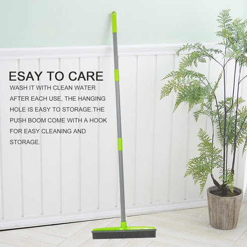Push Broom for Pet Hair Removal with Squeegee, Soft Silicone Bristle Broom for Cat/Dog Hair, Green