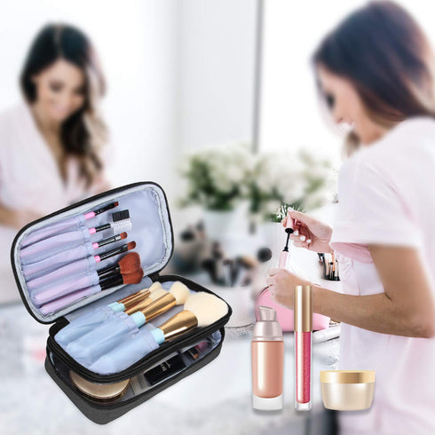 Teamoy Travel Makeup Brush Bag (up to 8.5") - Professional Cosmetic Organizer Case with Handle Strap, Black