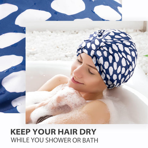 INNELO Luxury Shower Cap for Women, Reusable Waterproof Double Layered Hair Cap with Adjustable Strap, Blue