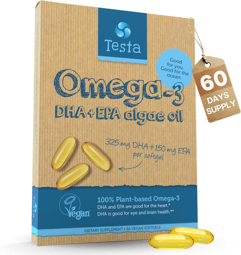 Testa Omega-3 Supplement, Vegan DHA EPA Capsules from Algae, Supports Heart, Brain & Joint Health, 2 Months Supply