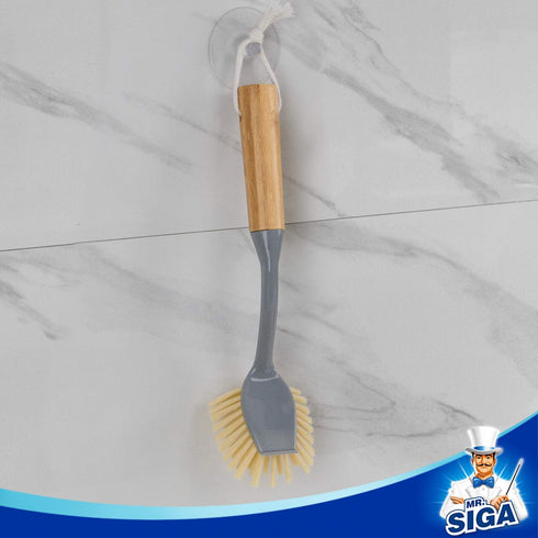 Pack 2 MR.SIGA Dish Brush with Long Bamboo Handle Built-in Scraper, Scrub Brush for Pans, Pots, Kitchen Sink Cleaning