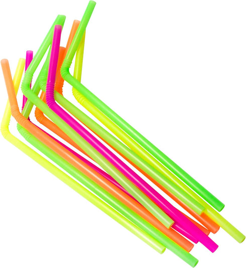 Jacent Flexible Disposable Drinking Straws, 125 Count Neon Bendy Plastic Straws for Summer Drinks & Crafts