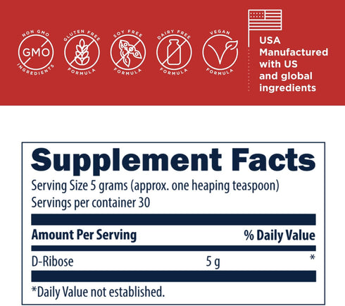 Designs for Health D-Ribose Powder - 5000mg Pure D-Ribose Supplement, Non-GMO Drink Mix Powder (30 Servings / 150g)